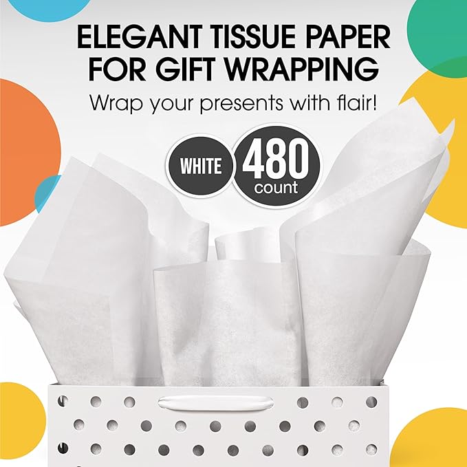 Party Solids White Tissue Paper for Gift Bags - 20" X 30" Bulk Tissue Paper White 480 Sheets - 10lb Newsprint for Packing, Birthday Gift Box Filler, Packing Supplies for Moving Supplies