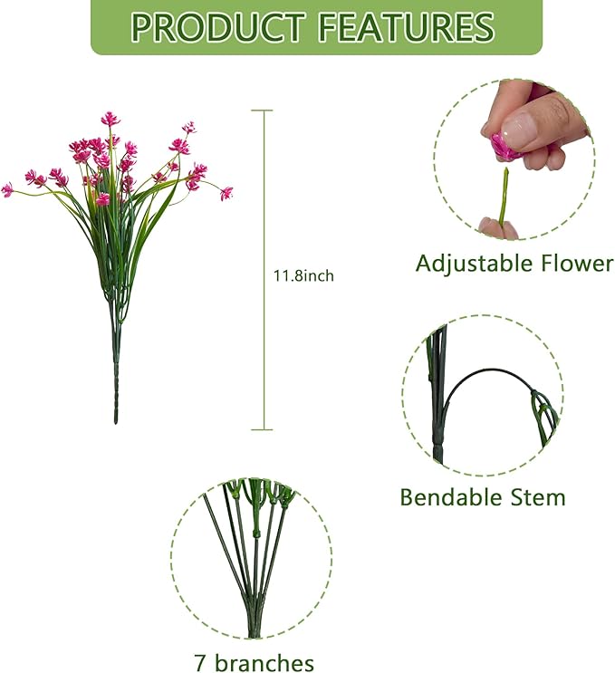 Artificial Flowers Outdoors, 12 Bundles No Fade Fake Flowers UV-Anti Easy to Clean Faux Greenery Plants Faux Plastic Plants Garden for Indoor Outdoor Home Garden Decoration, Pink