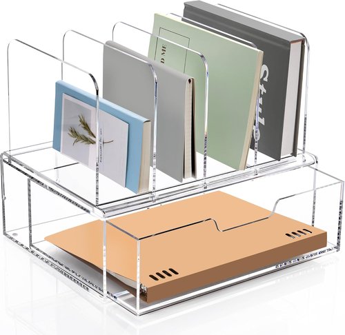 SANRUI Acrylic Desk Organizer - Clear Sliding Drawer with 4 Vertical Compartments for Office Supplies