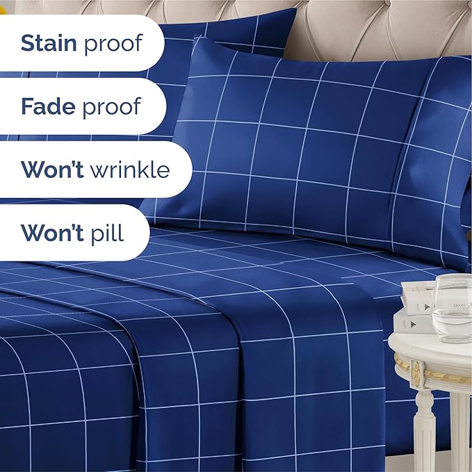 CGK Unlimited Blue Grid Bed Sheet Set – 1 Flat & 1 Fitted Sheet & 2 Pillowcases w/Deep Pockets – Wrinkle & Fade Resistant - Soft, Breathable & Cooling – Checkered Grid Bed Set, Seasons - Queen Size