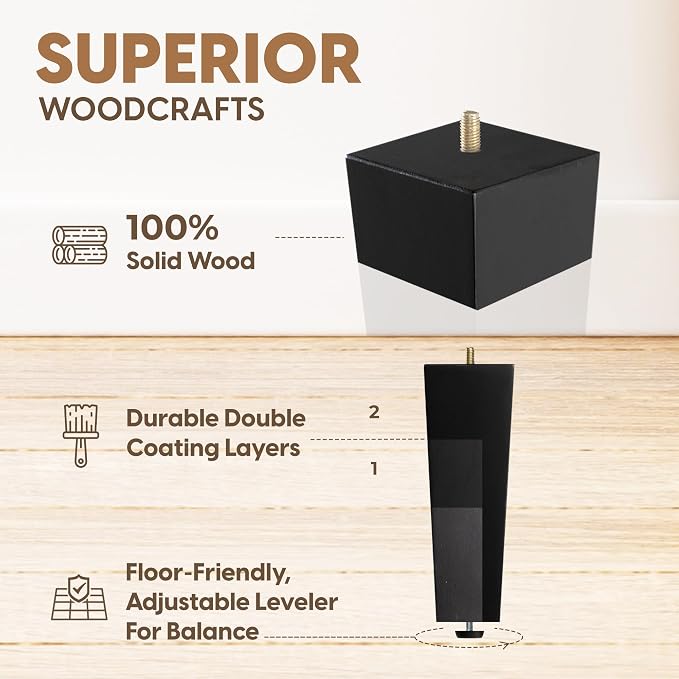 Yes4All 8 Inches Square Black Solid Wood Furniture Legs Set of 4, Heavy Duty 800 Lbs Capacity Furniture Legs with Leveler, Replacement Legs for Furniture, Couch, Sofa, Dresser, Ottoman
