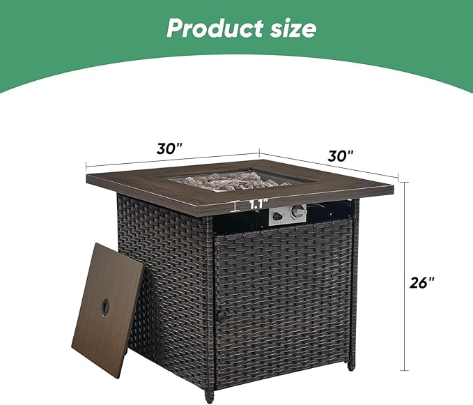 Belord 50000 BTU Propane Fire Pit Table, 30x30x26 Inches, Brown Wicker, Square, Modern Style, Steel, Powder Coated Finish