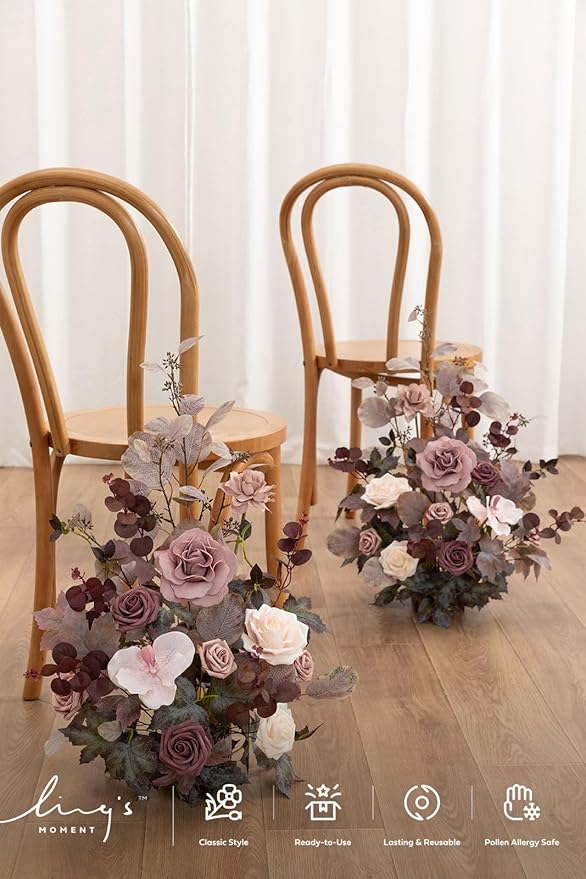 Ling's moment 17.5" Tall Free Standing Artificial Flowers Arrangements 2 pcs Wedding Aisle Runner Chair Decorations Dusty Rose & Mauve Centerpieces for Ceremony Reception Rose Floral Party Outdoor