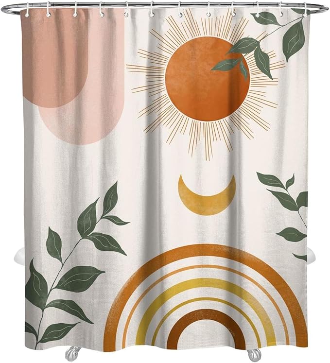Mid Century Abstract Boho Aesthetic Shower Curtain Set, Green Nature Leaf Sun Modern Minimalist Home Bathroom Curtain Decor with 12 Hooks 72 Inch Wide * 84 Inch High