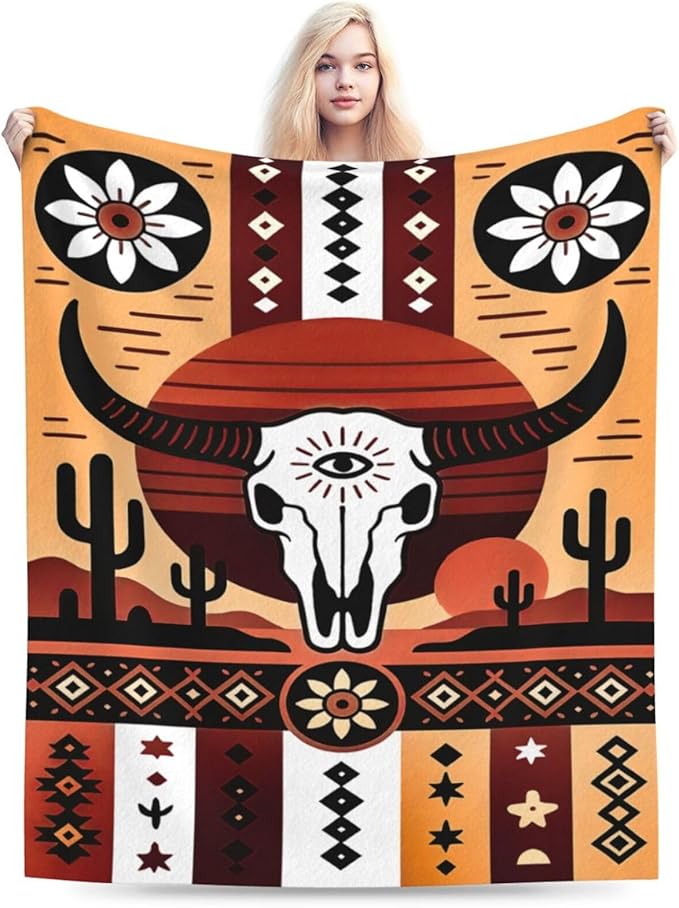 Western Boho Bull Skull Blanket Southwest Aztec Tribal Southwestern Navajo Throw Blanket Soft Cozy Fleece Fuzzy Stuffed Plush Flannel Gifts for Girls Women Boys Kids Adults 50''x60''