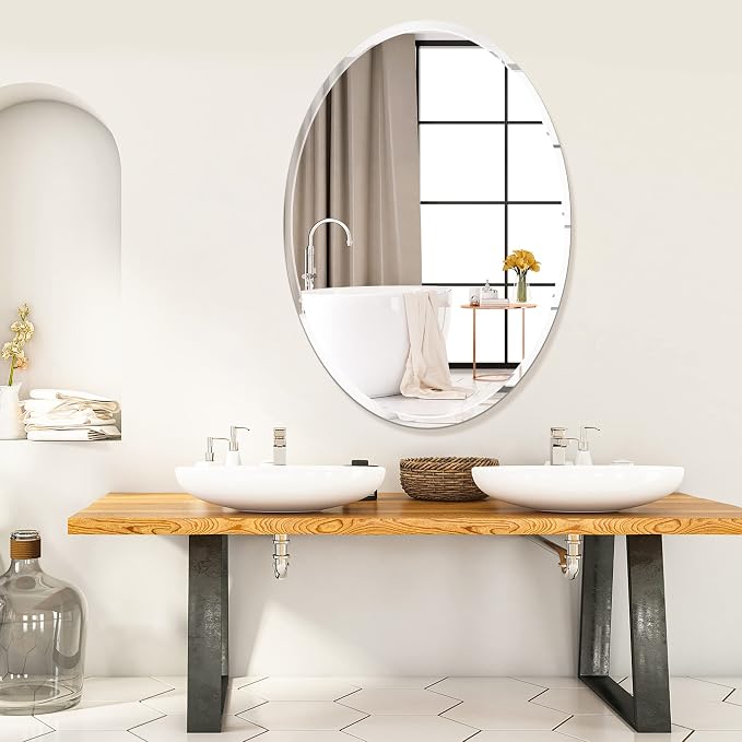 Frameless Oval Bathroom Mirror, 20x28 Inch Beveled Edge Vanity Wall Mirror for Over Sink, Modern Decorative Mirror for Bathroom, Bedroom, Entryway