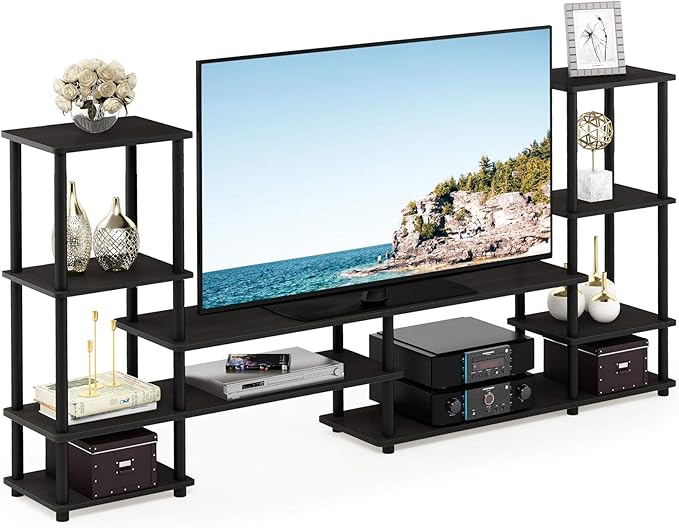 Furinno TURN-N-TUBE TV Stand, Wide Open Frame Entertainment Center with Open Shelves Storage, TV Console with Tall Side Shelves for TV up to 48 Inch, for Living Room, Bedroom, Espresso