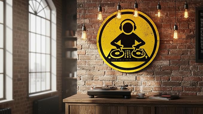 Vintage DJ Themed Iron Sign, 7.98x7.98 inches, Circular Wall Art, Multipurpose Home/Room/Restaurant/Bar/Café/Garage Decor, Wall Hanging, No Electricity Needed