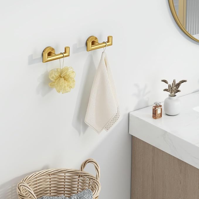 Angle Simple Towel Double Hook Brushed Dark Gold 2 PCS, SUS304 Stainless Steel Bathroom Hand Towel Holder, Double Robe Hook, Wall Mount