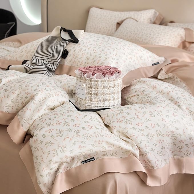 VM VOUGEMARKET Blush Pink Duvet Cover Twin Cooling Lyocell Teen Girls Flower Leaves Duvet Cover with Zipper Closure Romantic Ruffle Bedding Sets,Twin 68x86 Inch
