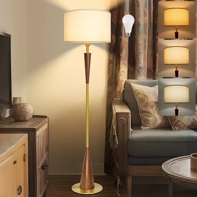 Floor Lamps for Living Room,61.5" Wood Floor Lamp,Retro Farmhouse Standing Lamp Includes 9W Bulb with 3-Color Temperature,Tall Lamp for Bedroom,Dining Room,Living Room,Corner,Bronze