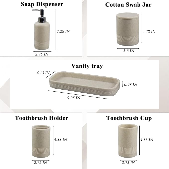 LIN CHUAN 6-Piece Bathroom Accessories Set, Bathroom Accessory Set with Soap Dispenser, Toothbrush Holder Set, Vanity Tray, Tumbler & 2 Cotton Swab Jars, Modern Stylish Bathroom Organizer(Beige)