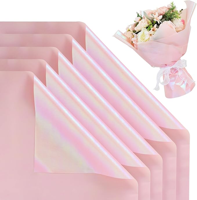 BEISHIDA 20 PCS Pink Floral Wrapping Paper-Iridescent Waterproof Flower Wrapping Paper Bouquet for Florist Supplies, DIY Crafts, Gift Packaging, Wedding, Birthday Gift