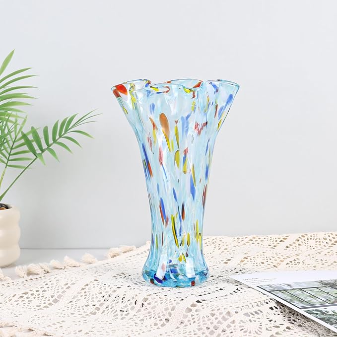 9.0" H Aqua Glass Vases for Flowers, Unique Hand Blown Glass Vase Aqua Home Decor, Wide Mouth Colorful Flower Vase Centerpieces, for Living Room Table Bookshelf, Bathroom Office Shelf Decorative