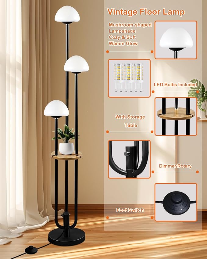Black Dimmable Floor Lamp with Table, Modern Floor Lamps with Mushroom Shades for Living Room, 3000K Warm White Tall Standing Lamp with Bulbs& 5Lbs Heavy Base for Bedroom/Office