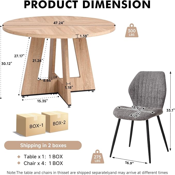 47" Round Dining Table Set for 4 with Chairs Circle Kitchen Table and Chairs Set Mid-Century Modern Chair with Metal Legs for Apartment Living Room(1 Natural Table + 4 Gray Chairs)