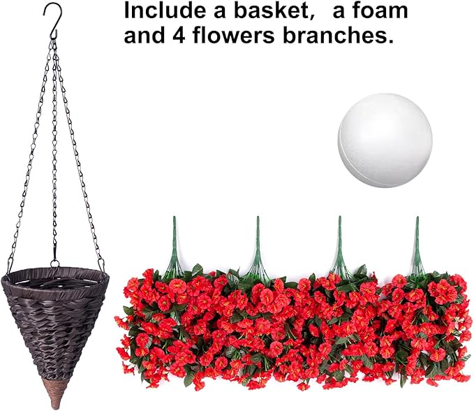 HyeFlora Artificial Fake Red Hanging Flowers Plants Baskets for Outdoor Winter Christmas, Faux Silk UV Resistant Look Real Morning Glory Vines for Outside Porch Patio Balcony Garden Yard Home Decor