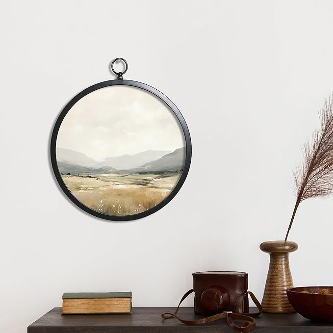 XIAOAIKA Vintage Wall Art with Metal Frame, Round Wood Print Featuring Misty Mountain View, Boho Wall Decor for Living Room, Bedroom, Kitchen, 10 Inch