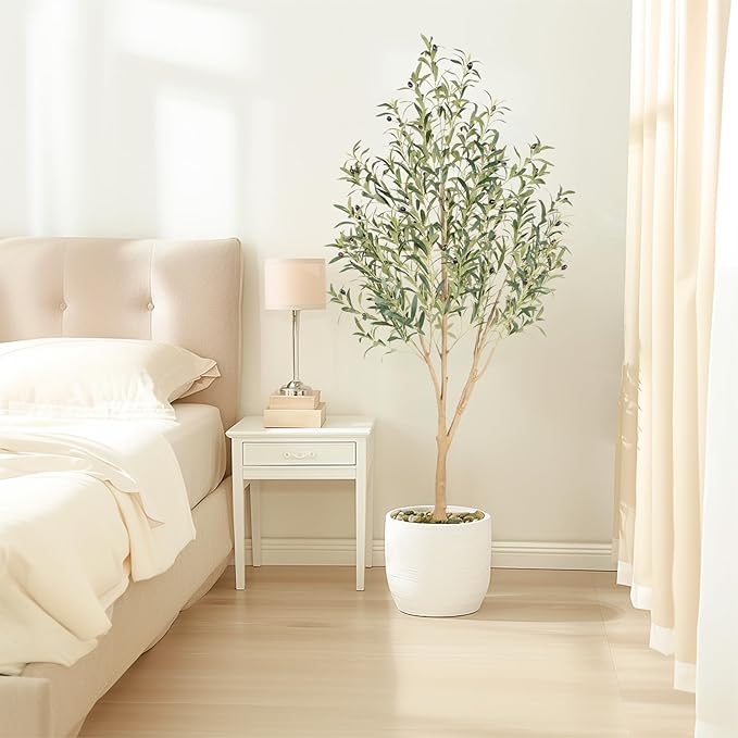 Tall Faux Olive Tree，6Ft(72in) Realistic Texture Potted Silk Artificial Olive Tree， Fake Olive Trees Indoor Outdoor for Home Office Living Room Bedroom Foyer Porch Decor.