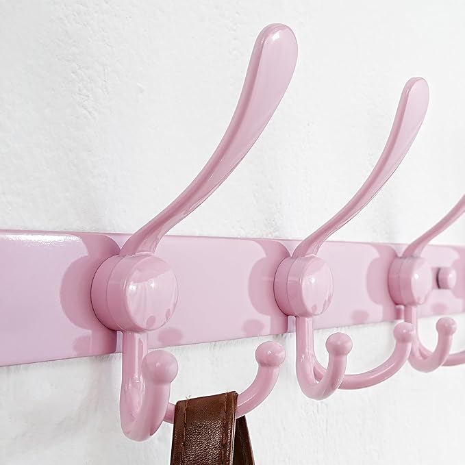 Dseap Coat Rack Wall Mount - 29.5” Long 8-Tri-Hooks Heavy Duty Coat Hanger Rail Wall Hooks for Hanging Coats Hats Clothing Clothes Purse Mudroom Entryway, Pink, Pack of 2
