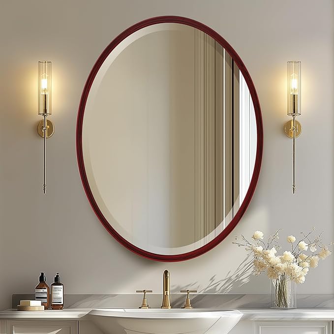 OVALCREST - Oval Wooden Beveled Wall Mirror for Home Decor, Bathroom, Vanity, Bedroom, Living Room, Hallway - London Style (Black Cherry) 17.1 x 13.1