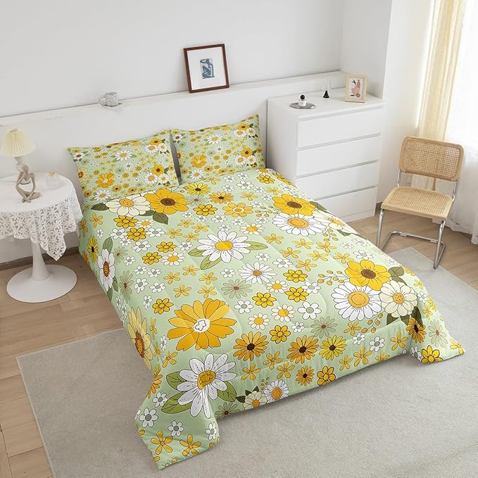 Vintage Floral Bedding Comforters King Size,Boho Spring Fresh Flowers Boys Girls Comforter Set Room Decor,Trippy Hippie Groovy Botanical Modern 3pcs Bedding Set Chic Xmas Present