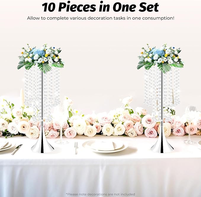 10 Pack Acrylic Crystal Flower Vases, Trumpet Shape Centerpiece with Hand-Strung Beads, Flower Stand Wedding Centerpieces on Floor for Wedding Aisle Decor, Event Centerpieces Decoration (Silver)
