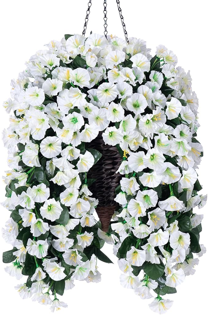Artificial Fake Flowers Plants Hanging Baskets for Outdoor Outside Winter Christmas Decor, Faux Silk Hanging White Morning Glory Trailing Vines UV Resistant for Porch Patio Home Decoration