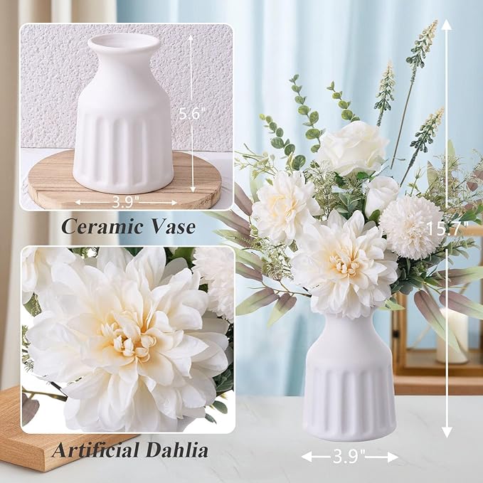 Fake Flowers in Vase, Artificial Flowers with Vase, 15.7'' Floral Arrangements for Dining Table Centerpiece Decor, Silk Roses & Faux Dahlia Bouquet for Farmfouse Kitchen Coffee Table Decor (White)