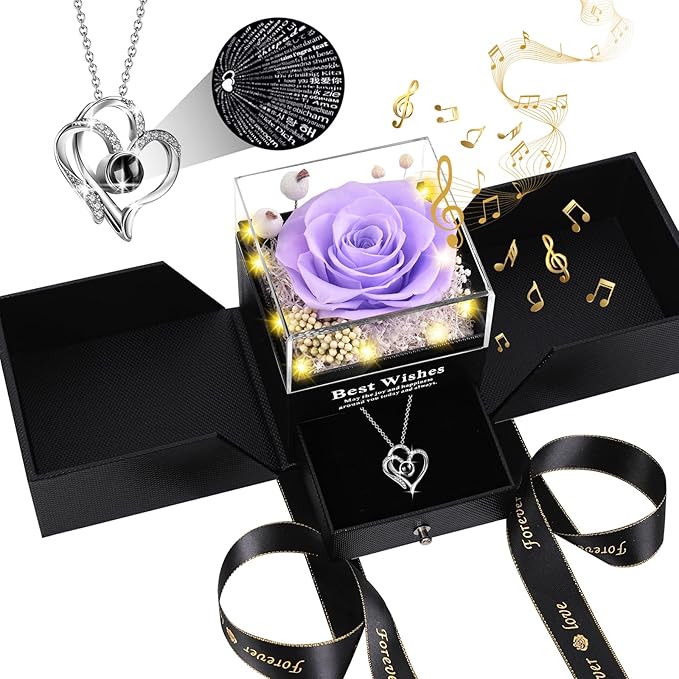Christmas Birthday Gifts for Women - Preserved Real Rose with I Love You Heart 100-Language Necklace, LED Lights & Music Gift Box, Christmas for Women Girlfriend Mom