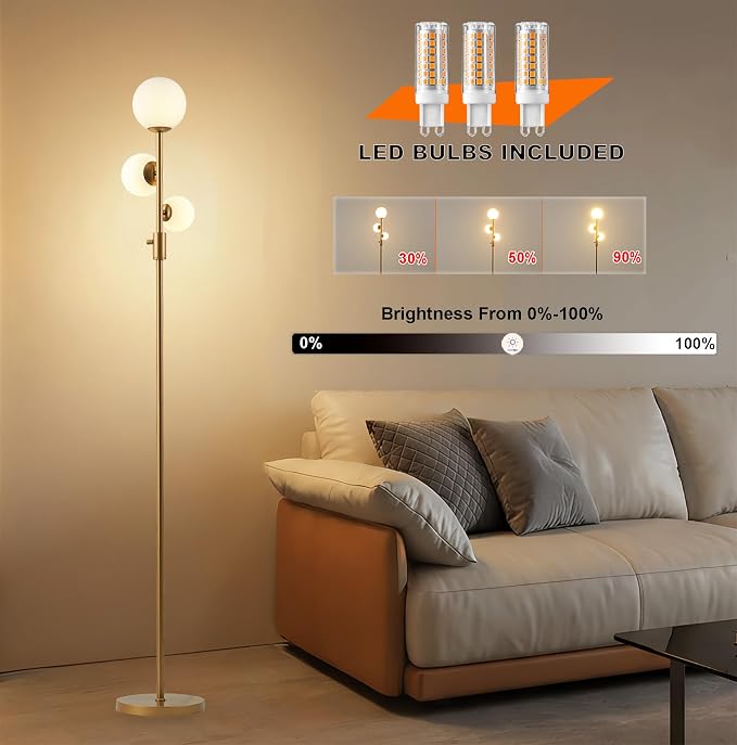 Fiqevs Dimmable 3 Globe Floor Lamp - Mid Century Modern Gold Standing Lamp with Frosted Glass Shade & LED Bulbs for Living Room, Bedroom, Office