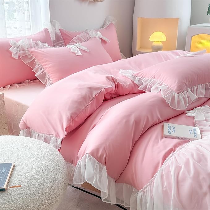 Girls Lace Bedding,Full Comforter Cover Set, Chic Ruffled Duvet Cover with Lovely Bow,Princess Style 1 Duvet Cover with 2 Pillowcases, No Comforter-Bright Pink,Full Size