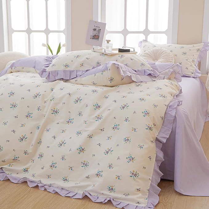 VM VOUGEMARKET Ruffle Comforter Set Queen, Purple Flower Bedding Set,3 Pieces Shabby Chic Coquette Cottagecore Aesthetic Lace Comforter with 2 Pillow Shams,Queen Size