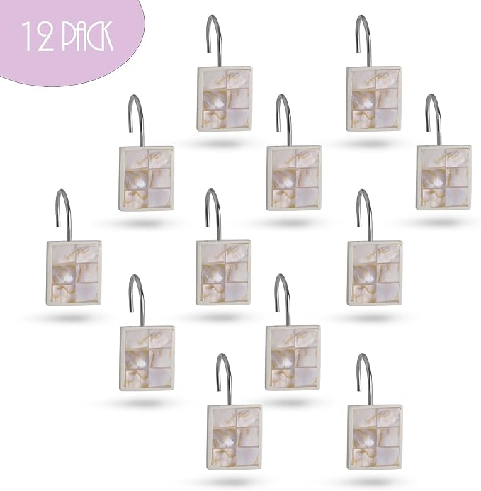 Milano Decorative Shower Curtain Hooks - Set of 12 Shower Curtain Rings for Bathroom Shower - Shower Hooks for Shower Curtain Finished in Modern Mother of Pearl