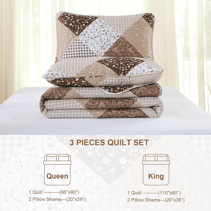 Dinjoy Brown Quilt Set Queen Size, Reversible Floral Plaid Patchwork Pattern Bedding Set Soft Microfiber Lightweight Bedspread Coverlet 3 Piece Spring Summer Use (90x96 inches)