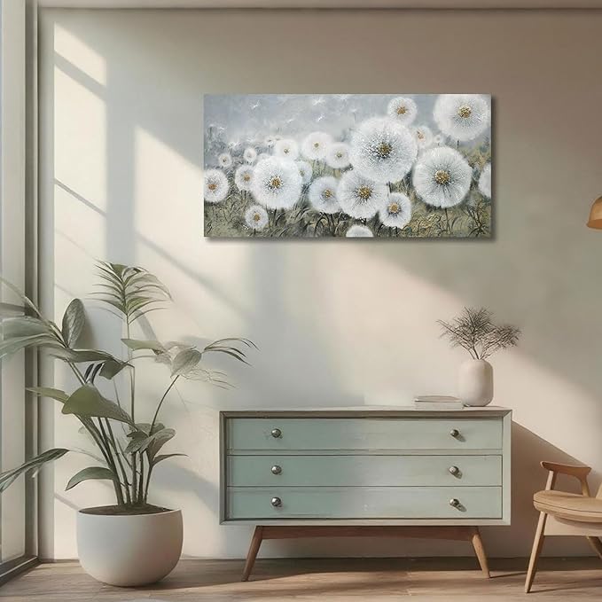 Ardemy Flower Wall Art Canvas Dandelion Painting White Floral Picture, Textured Large Framed for Living Room Bedroom Kitchen Dining Room Home Office Decor 48"x24"