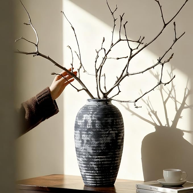 Farmhouse Rustic Ceramic Vase, 10.6 inch Gray-White Textured Modern Weathered Pottery Terracotta Vintage Vases for Home Decor Enterway Coffee Table Mantel Shelf Decorative (Tall - B)
