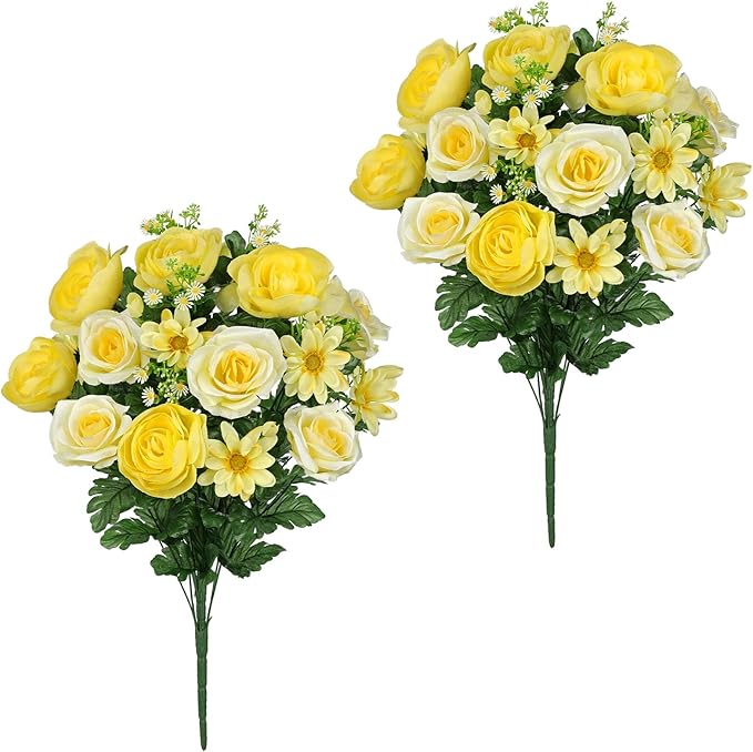 Hollyone Set of 2 Artificial Cemetery Flower for Graves Yellow Cemetery Memorial Flowers for Outdoor Grave Decorations Silk Flower Arrangements Rose Ranunculus Gerbera Floral Flowers Bouquets