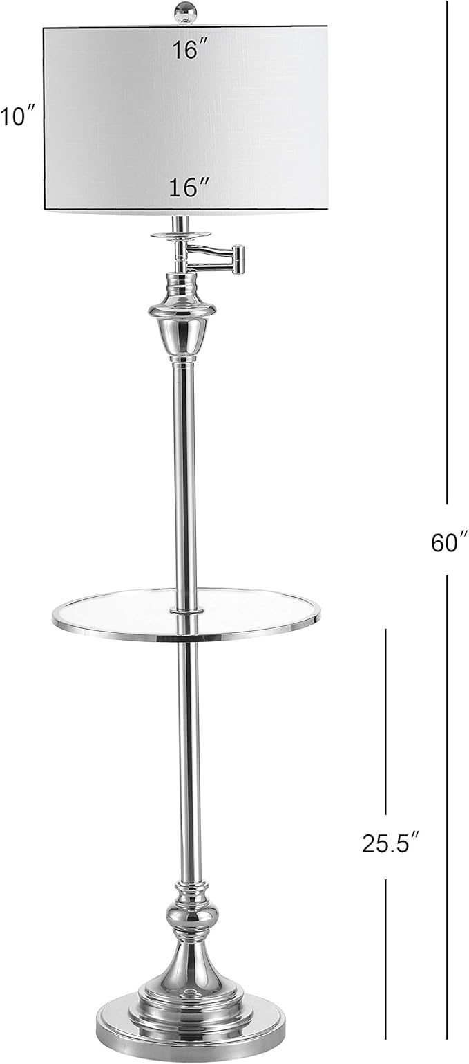 JONATHAN Y 60" Chrome Floor Lamp with Integrated Glass Side Table, Modern Swing Arm Standing Lamp for Living Room, White Linen Shade, LED Bulb Included (JYL3055B)
