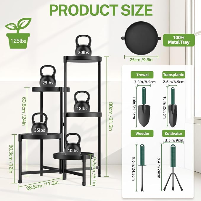 iDavosic.ly 5 Tier Large Plant Stand with Garden Tools, Tiered Corner Metal Indoor Outdoor Flower Display Holder Shelf with 10 Inch Wide Tray, Folding Tall Rack for Patio Porch Living Room, Black