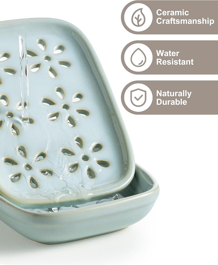 Miamolo Soap Dish for Shower with Drainage, 2-Tier Soap Holder for Bar Soap Sponge, Ceramic Soap Dish with Removable Drip Tray for Bathroom Sink, Mess-Free, Easy Cleaning Dishwasher Safe, Blue