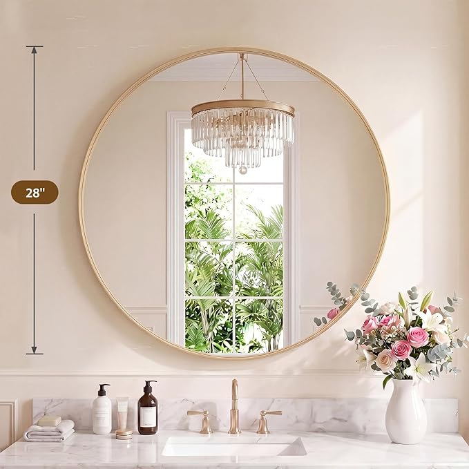 Sweetcrispy Bathroom Round Mirror for Over Sink, 28 Inch Wall Circle Mirror with Matte Metal Frame, Modern Wall Mount Vanity Mirror for Home Decor, Living Room, Bedroom, Gold