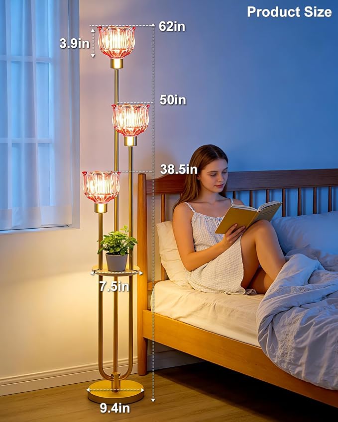 Lightdot Glass Floor Lamp for Living Room 3-Lights Modern Gold Floor Lamp with Rose Red Glass Shade 3000K Bulbs Included Unique Standing Lamp with 5Lbs Heavy Base for Bedroom/Sofa Beside/Corner Decor