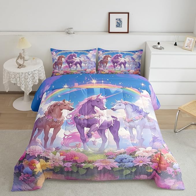 Castle Fairy Dreamy Unicorn Comforter Set Queen Size,Rainbow Blue Sky Colorful Flowers Reversible Bedding Set for Women Adult,Cartoon Animal Floral Galaxy Luxury Bed Duvet Insert, 2 Pillowcases