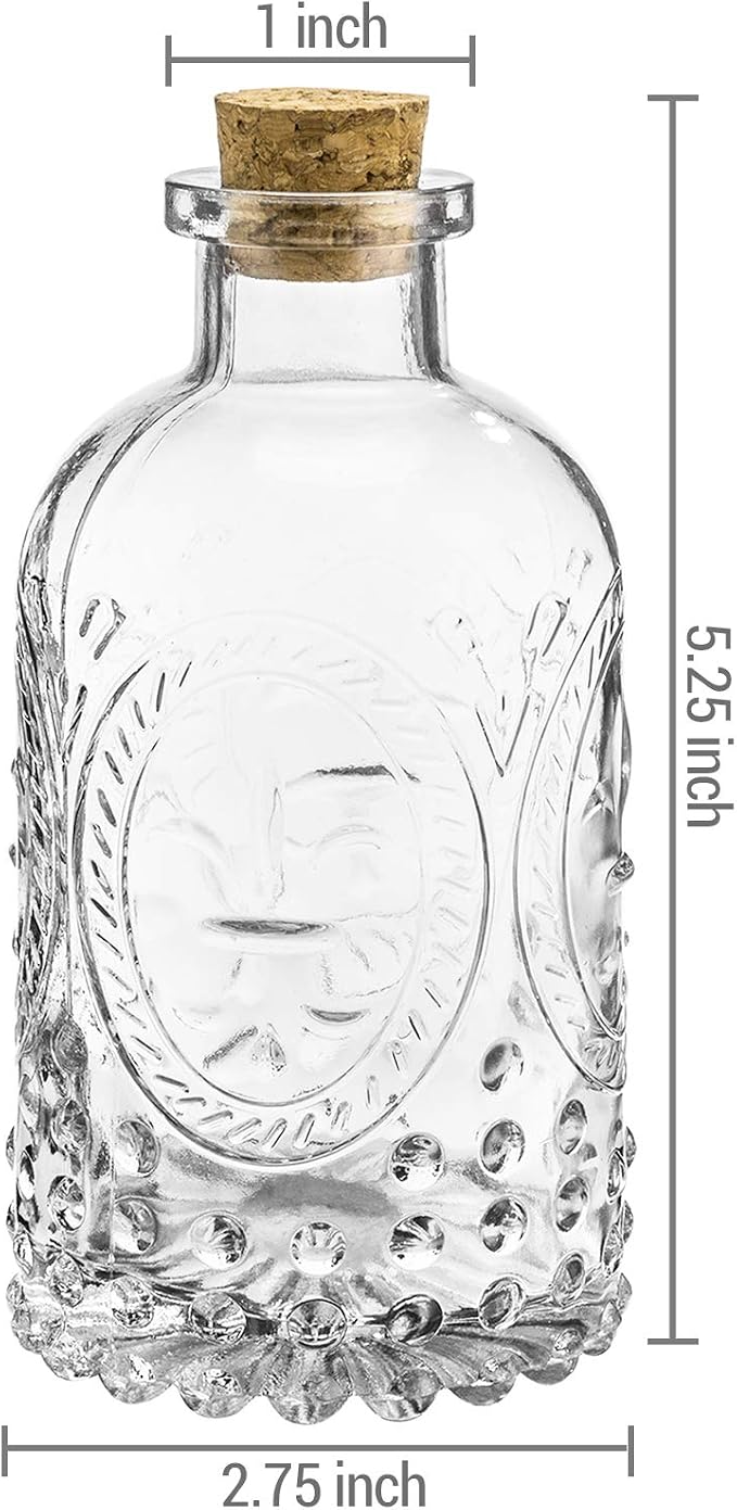 MyGift Vintage Design Embossed Fleur De Lis Clear Glass Bottles with Cork Lid, Apothecary Flower Bud Vases, Set of 6