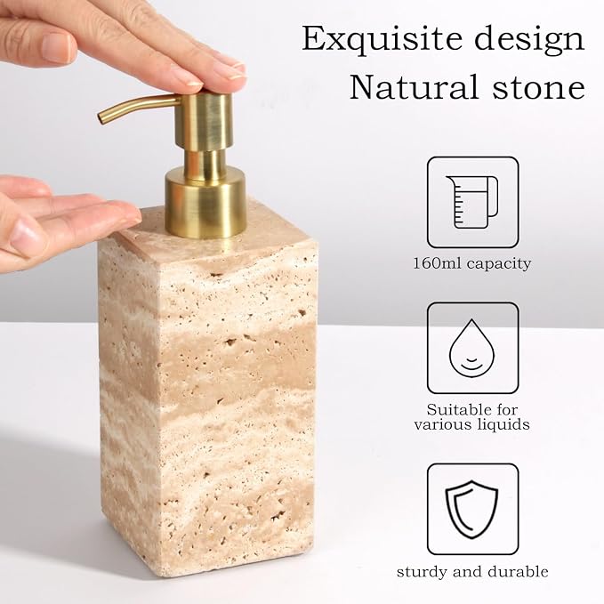 Natural Marble Soap Dispenser for Bathroom and Kitchen Countertop - 5.41 Ounces Hand Lotion and Liquid Stone Shampoo Laundry Bottle with Pump (1, Travertine, Rectangular Bottle)