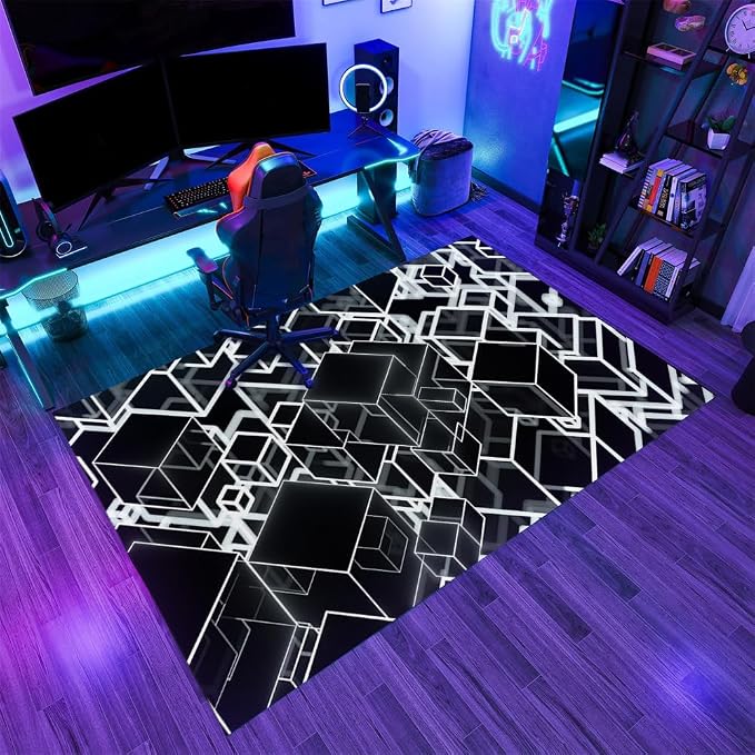 3D Geometric Area Rugs, Black White Block Pattern Carpet, Washable Non Slip Low Pile Soft Rug for Living Room Bedroom Decor Mat 6x8ft
