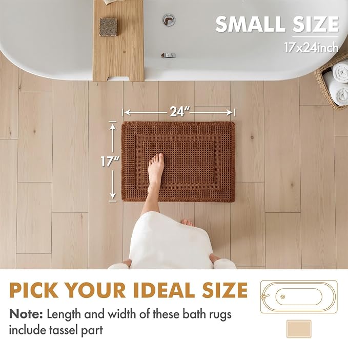 MIULEE Set of 2 Waffle Bathroom Rugs, Terracotta Boho Bath Rug Super Absorbent, Non Slip Washable Ultra Soft Rubber Backed Shower Bath Mats for Floor, Tub, Shower, Looped Design, Caramel, 17x24 Inch