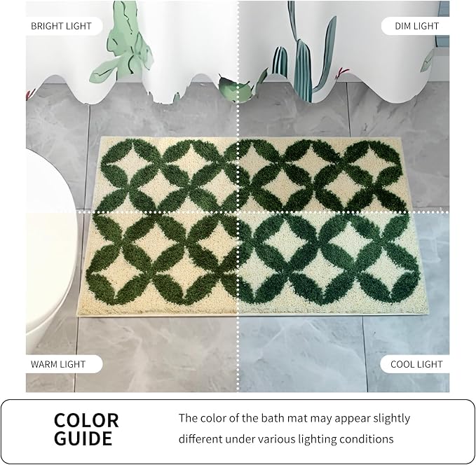 Civkor Green and Cream Bathroom Rug Washable, 24x16Inch Retro Bath Mat for Bathroom with TPR Non Slip Backing, Quick Dry Fluffy Microfiber Piles, Super Water Absorbent Thin Bath Rug Fit Under Door