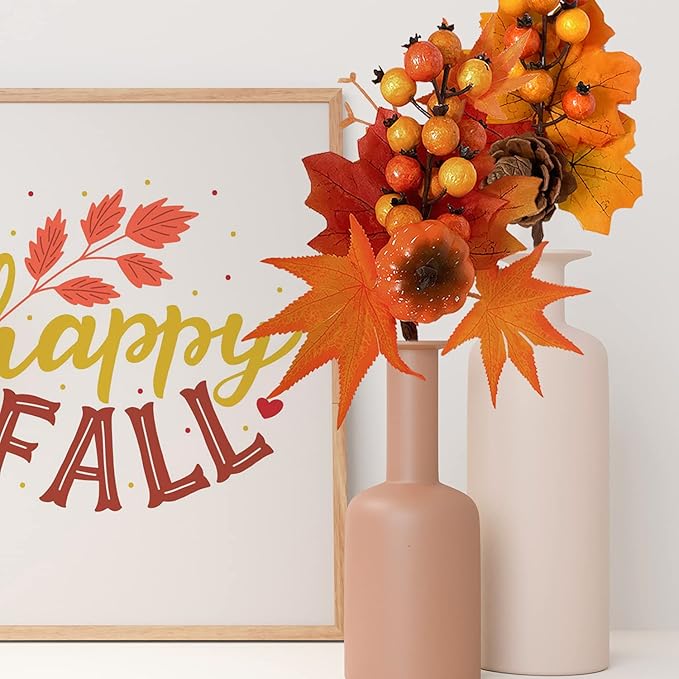 6 Pack Fall Stems Artificial Berry Picks Fall Picks with Pine Cone Sunflowers Pumpkin Maple Leaves Branches Decorations for Harvest Autumn Thanksgiving Day Wreaths Indoor Outdoor Home Decor